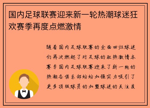 国内足球联赛迎来新一轮热潮球迷狂欢赛季再度点燃激情