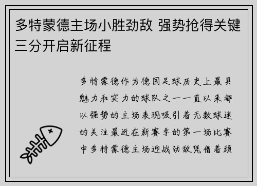 多特蒙德主场小胜劲敌 强势抢得关键三分开启新征程